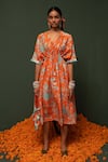 Buy_Chrkha_Orange Chanderi Silk Printed Floral V Neck Dress _at_Aza_Fashions