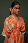 Chrkha_Orange Chanderi Silk Printed Floral V Neck Dress _Online_at_Aza_Fashions