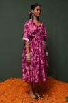 Chrkha_Pink Chanderi Silk Floral V Neck Dress _Online_at_Aza_Fashions