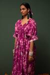 Buy_Chrkha_Pink Chanderi Silk Floral V Neck Dress _Online_at_Aza_Fashions