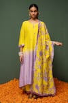 Buy_Chrkha_Yellow Kurta And Dupatta Chanderi Silk & Pants Cotton Print & Ombre Set _at_Aza_Fashions