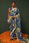 Buy_Chrkha_Blue Chanderi Silk Printed Floral Saree _at_Aza_Fashions