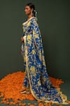 Chrkha_Blue Chanderi Silk Printed Floral Saree _Online_at_Aza_Fashions