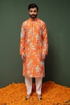 Buy_Chrkha_Orange Kurta Chanderi Silk And Pant Cotton Satin Floral & Set _at_Aza_Fashions