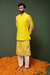 Buy_Chrkha_Yellow Kurta And Nehru Jacket Chanderi Silk & Pant Cotton Satin Bundi Set _at_Aza_Fashions