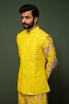 Chrkha_Yellow Kurta And Nehru Jacket Chanderi Silk & Pant Cotton Satin Bundi Set _Online_at_Aza_Fashions