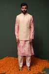 Buy_Chrkha_Pink Kurta And Nehru Jacket Chanderi Silk & Pant Cotton Satin Bundi Set _at_Aza_Fashions