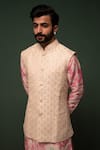 Chrkha_Pink Kurta And Nehru Jacket Chanderi Silk & Pant Cotton Satin Bundi Set _Online_at_Aza_Fashions