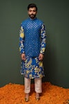 Buy_Chrkha_Blue Kurta And Nehru Jacket Chanderi Silk & Pant Cotton Satin Bundi Set _at_Aza_Fashions