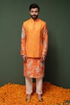 Buy_Chrkha_Orange Kurta And Nehru Jacket Chanderi Silk & Pant Cotton Satin Bundi Set _at_Aza_Fashions