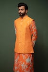 Chrkha_Orange Kurta And Nehru Jacket Chanderi Silk & Pant Cotton Satin Bundi Set _Online_at_Aza_Fashions