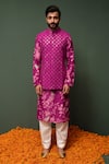 Buy_Chrkha_Pink Kurta And Nehru Jacket Chanderi Silk & Pant Cotton Satin Bundi Set _at_Aza_Fashions