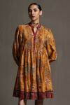 Shop_Ritu Kumar_Yellow Sushi Voile Floral Motifs Band Collar Print Dress_at_Aza_Fashions