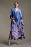 Buy_Ritu Kumar_Blue Dehri Satin Printed Floral Motifs V Neck Botanical Kaftan Dress _at_Aza_Fashions