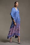 Ritu Kumar_Blue Dehri Satin Printed Floral Motifs V Neck Botanical Kaftan Dress _Online_at_Aza_Fashions