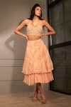 Buy_Babita Malkani_Peach Pleated Fabric Embroidered Bead Embellished Crop Top And Layered Skirt Set _at_Aza_Fashions