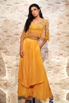 Buy_Babita Malkani_Yellow Italian Crepe Embroidered Glass Beads Cold Shoulder Cape Culottes Set _at_Aza_Fashions