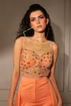 Babita Malkani_Orange Italian Crepe Embroidered Bead Work High Neck Crop Top And Pant Set _Online_at_Aza_Fashions