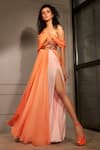 Babita Malkani_Orange Crepe Embroidered Bead Work One Shoulder Off Draped Gown _Online_at_Aza_Fashions