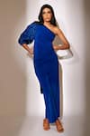 Buy_Babita Malkani_Blue Italian Crepe Embroidered Applique One Shoulder Draped Top And Pant Set _at_Aza_Fashions