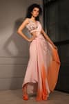 Buy_Babita Malkani_Pink Crepe Embroidered Glass Beads V Neck Ombre Pre-draped Saree With Blouse _Online_at_Aza_Fashions