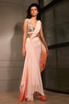 Shop_Babita Malkani_Pink Crepe Embroidered Glass Beads V Neck Ombre Pre-draped Saree With Blouse _Online_at_Aza_Fashions