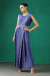 Buy_MINAKI_Blue Satin Hand Embroidered Sequins V Neck Pleated Draped Saree Gown With Blouse _at_Aza_Fashions