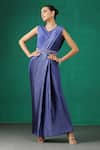 MINAKI_Blue Satin Hand Embroidered Sequins V Neck Pleated Draped Saree Gown With Blouse _Online_at_Aza_Fashions