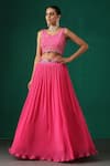 MINAKI_Fuchsia Georgette Hand Embroidered Sequins Leaf Blouse With Pleated Lehenga Set _Online_at_Aza_Fashions