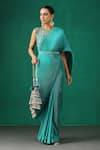 Minaki_Green Satin Hand Embellished Thread Work Pleated Saree With Embroidered Blouse_Online_at_Aza_Fashions