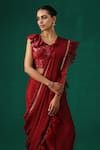 Shop_MINAKI_Maroon Georgette Embroidered Sequins Round Pre-draped Ruffle Saree With Blouse _Online_at_Aza_Fashions