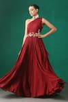 Buy_MINAKI_Maroon Georgette Floral Motifs One Shoulder Embroidered Layered Gown _at_Aza_Fashions