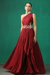 MINAKI_Maroon Georgette Floral Motifs One Shoulder Embroidered Layered Gown _Online_at_Aza_Fashions