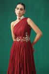MINAKI_Maroon Georgette Floral Motifs One Shoulder Embroidered Layered Gown _at_Aza_Fashions