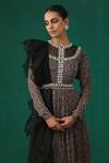 Shop_Minaki_Black Organza, Georgette, Satin Floral Motifs Print Anarkali With Ruffle Dupatta_Online_at_Aza_Fashions