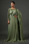 Buy_MINAKI_Green Double Georgette Embellished Thread Work Round Draped Gown _at_Aza_Fashions