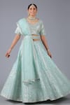 Buy_Minaki_Blue Raw Silk, Organza Mirror Work Leaf Neck Embroidered Bridal Lehenga Set _at_Aza_Fashions