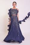 Buy_Onaya_Blue Georgette Hand Embellished Sequins Cutdana Cutwork Gown With Ruffle Stole_at_Aza_Fashions