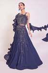Buy_Onaya_Blue Georgette Hand Embellished Sequins Cutdana Cutwork Gown With Ruffle Stole_Online_at_Aza_Fashions