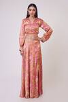 Buy_Onaya_Pink Satin Printed Floral Motifs V Neck Skirt And Top Set  _at_Aza_Fashions