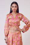 Shop_Onaya_Pink Satin Printed Floral Motifs V Neck Skirt And Top Set  _Online_at_Aza_Fashions