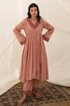 Buy Avaasya Jaipur Pink Kurta- Mul , Pants- Floral V Neck Embroidered Anarkali And Set at Aza Fashions Buy_Avaasya Jaipur_Pink Kurta- Mul , Pants- Floral V Neck Embroidered Anarkali And Set _at_Aza_Fashions