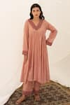 Shop_Avaasya Jaipur_Pink Kurta- Mul , Pants- Floral V Neck Embroidered Anarkali And Set _at_Aza_Fashions