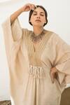 Shop_Avaasya Jaipur_White Kaftan- Handloom Linen, Slip- Mulmul Tassel V Neck  _Online_at_Aza_Fashions
