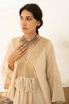 Avaasya Jaipur_White Kaftan- Handloom Linen, Slip- Mulmul Tassel V Neck  _at_Aza_Fashions