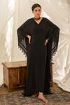 Buy_Avaasya Jaipur_Black Kaftan- Crepe, Slip- Mulmul Floral V Neck Embroidered_at_Aza_Fashions