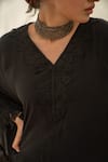 Avaasya Jaipur_Black Kaftan- Crepe, Slip- Mulmul Floral V Neck Embroidered_at_Aza_Fashions
