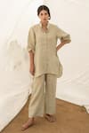 Buy_Avaasya Jaipur_Green Handloom Linen Plain Mandarin Collar Tunic And Pant Set  _at_Aza_Fashions