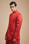 Buy_Raghavendra Rathore Blue_Red Linen Plain Angular Bandhgala _Online_at_Aza_Fashions