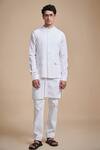 Buy_Raghavendra Rathore Blue_White Linen Band Collar Bundi _at_Aza_Fashions